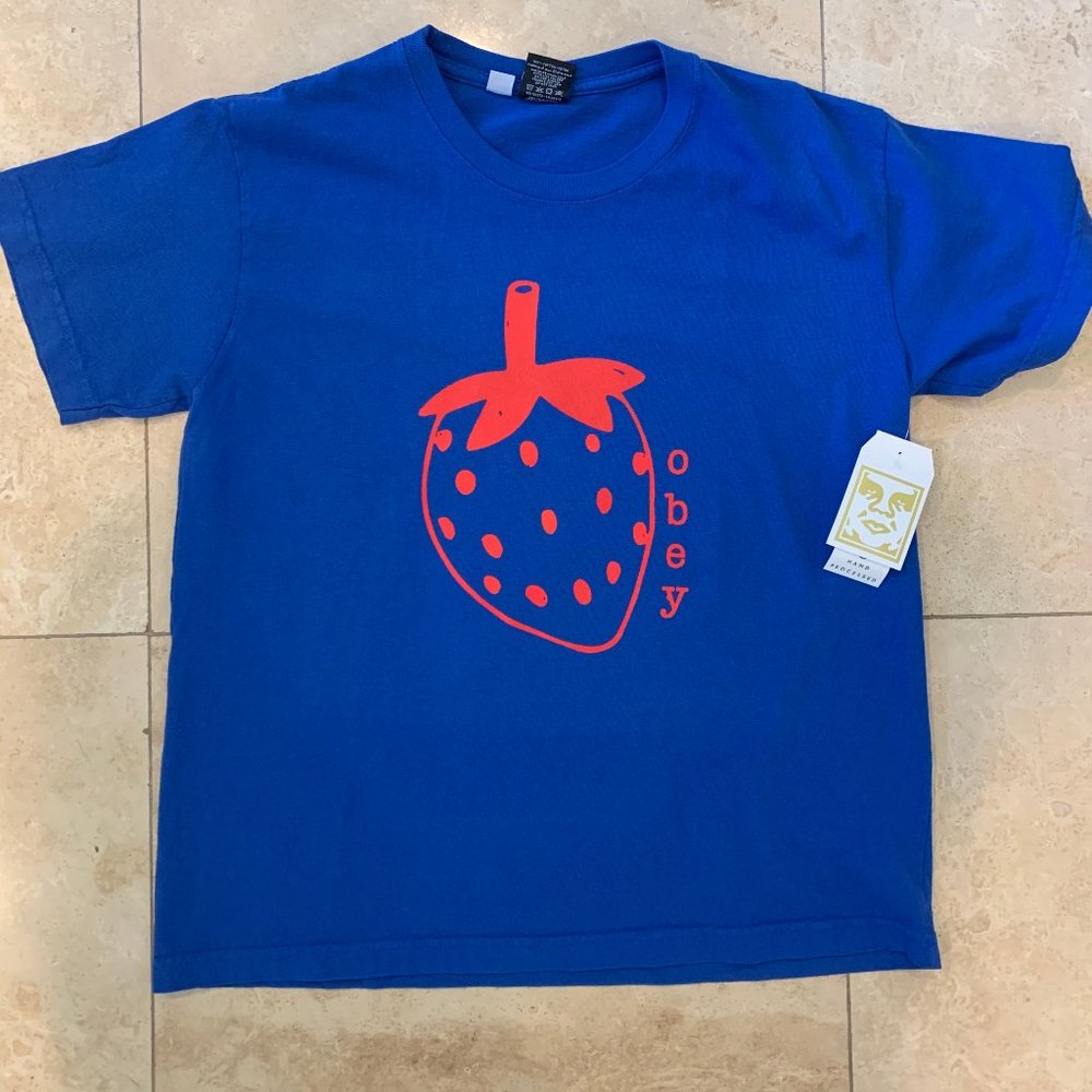 NWT Obey Women Shirt Blue with Strawberry Graphic